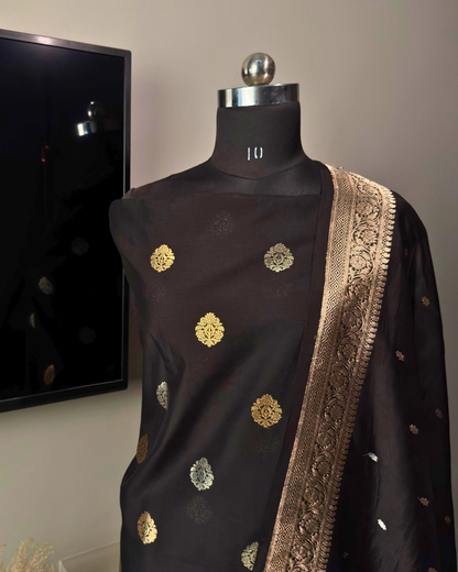Black Pure Banarasi Mercerised Kora Handloom Kadwa Suit Set with Dupatta