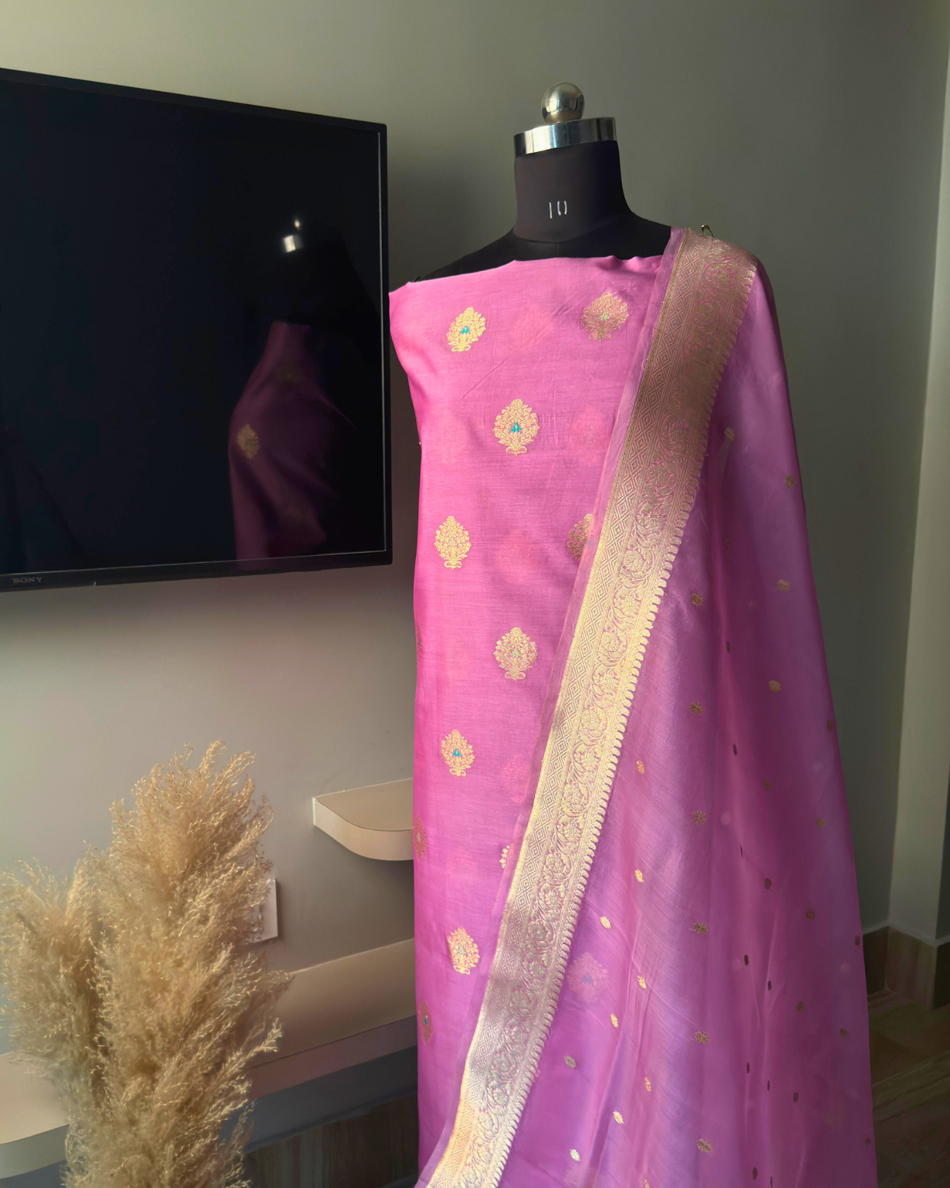 Pink Pure Banarasi Mercerised Kora Handloom Kadwa Suit Set with Dupatta