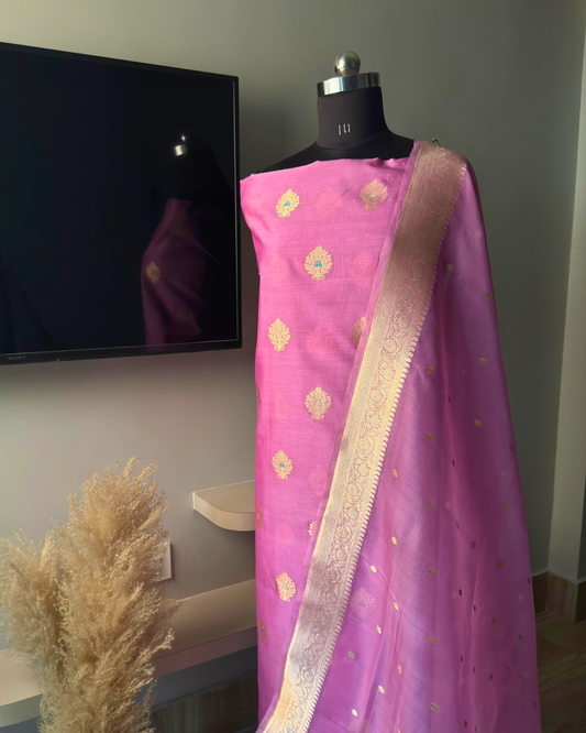 Pink Pure Banarasi Mercerised Kora Handloom Kadwa Suit Set with Dupatta