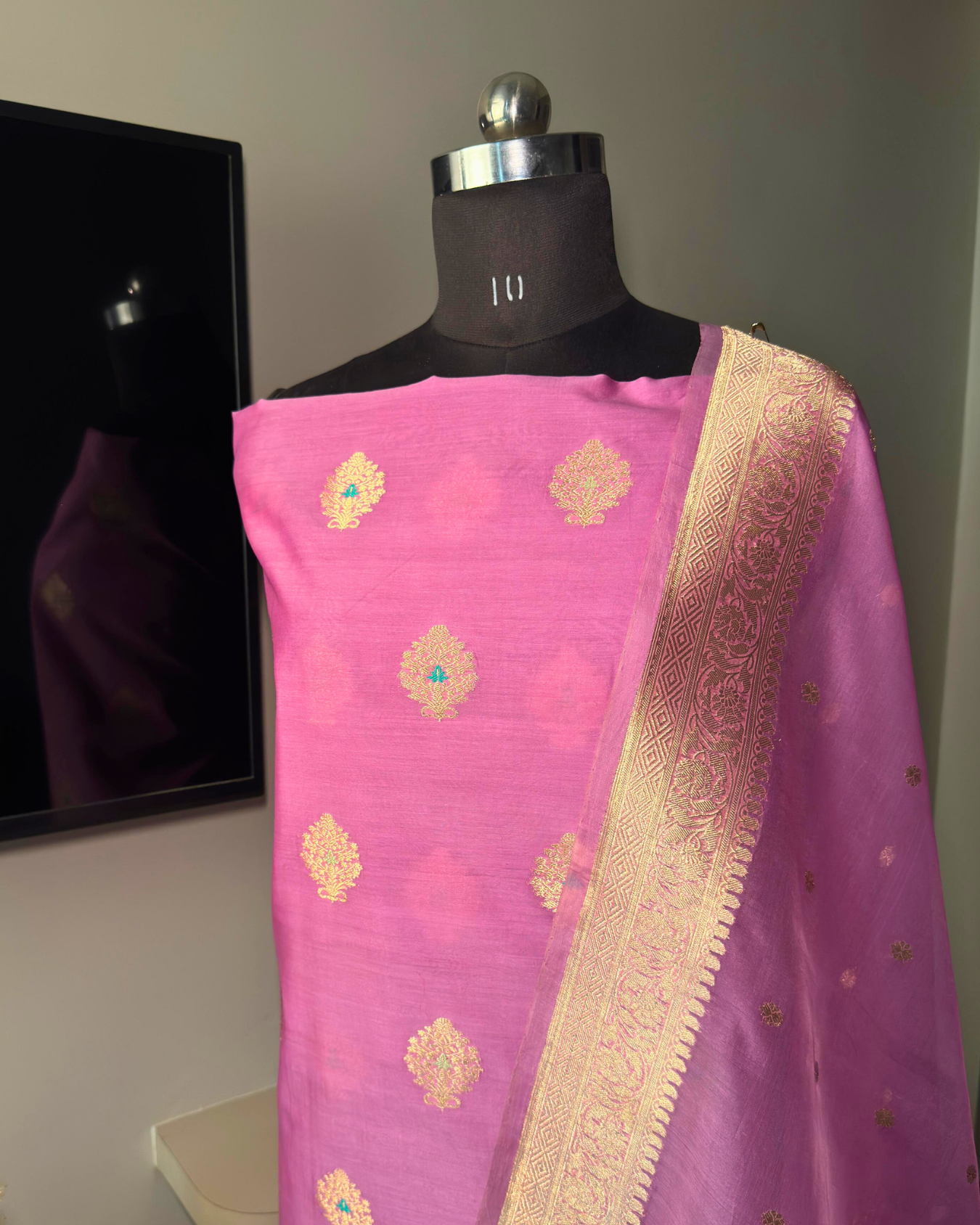 Pink Pure Banarasi Mercerised Kora Handloom Kadwa Suit Set with Dupatta