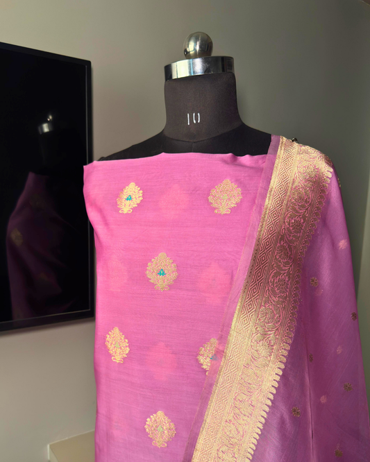 Pink Pure Banarasi Mercerised Kora Handloom Kadwa Suit Set with Dupatta