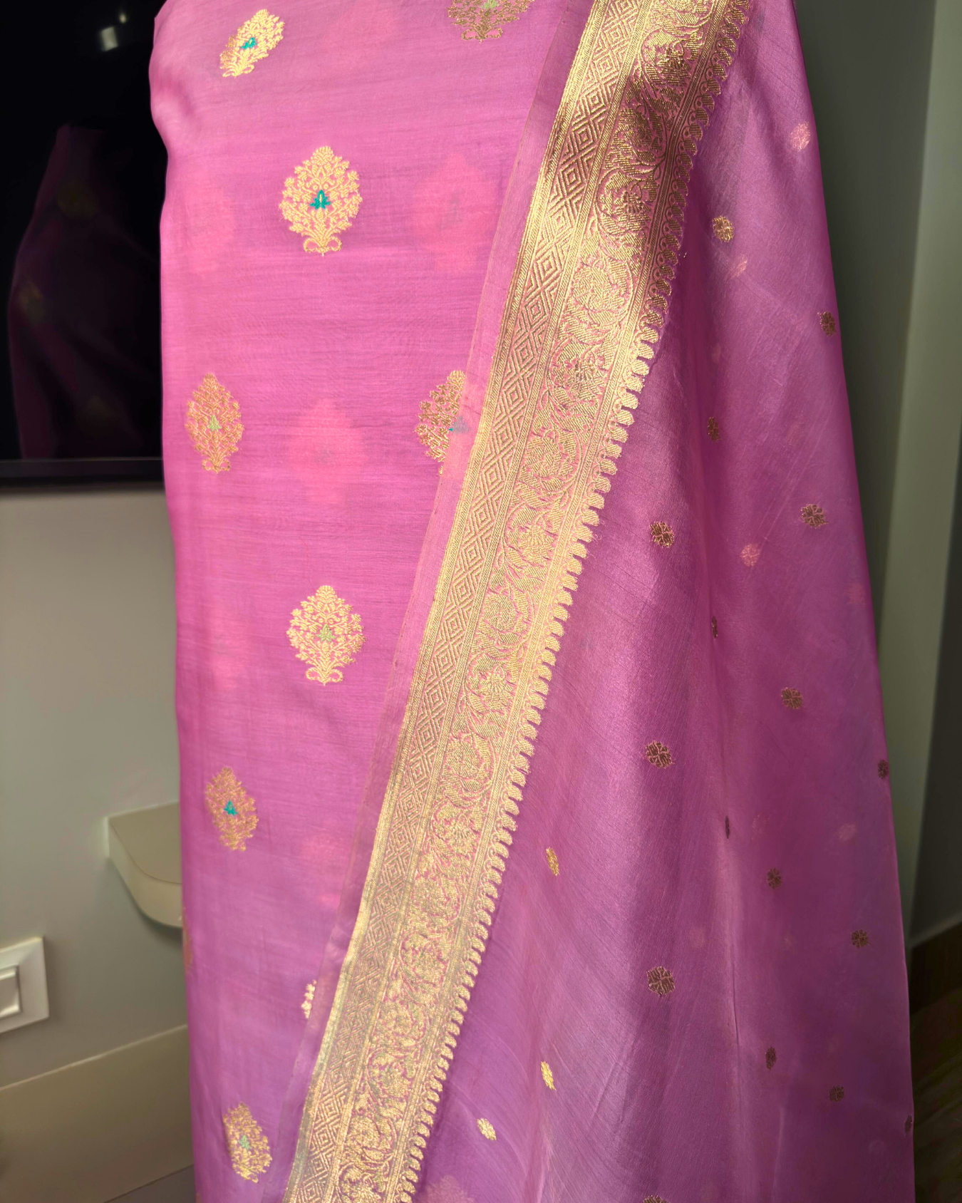 Pink Pure Banarasi Mercerised Kora Handloom Kadwa Suit Set with Dupatta