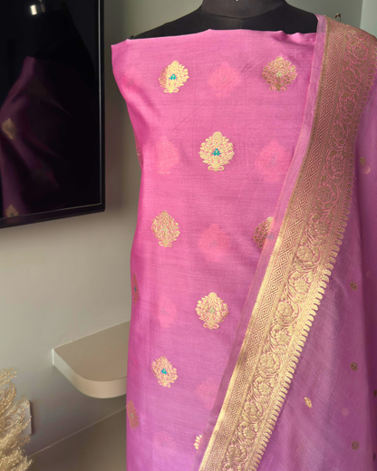Pink Pure Banarasi Mercerised Kora Handloom Kadwa Suit Set with Dupatta