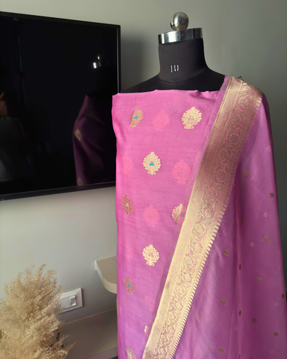 Pink Pure Banarasi Mercerised Kora Handloom Kadwa Suit Set with Dupatta