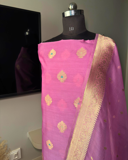 Pink Pure Banarasi Mercerised Kora Handloom Kadwa Suit Set with Dupatta