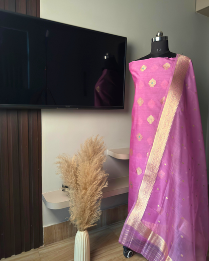Pink Pure Banarasi Mercerised Kora Handloom Kadwa Suit Set with Dupatta