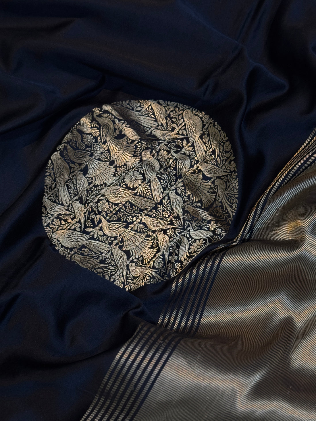 Black Mashru Silk Banarasi Saree with Gold Zari Bird Motifs