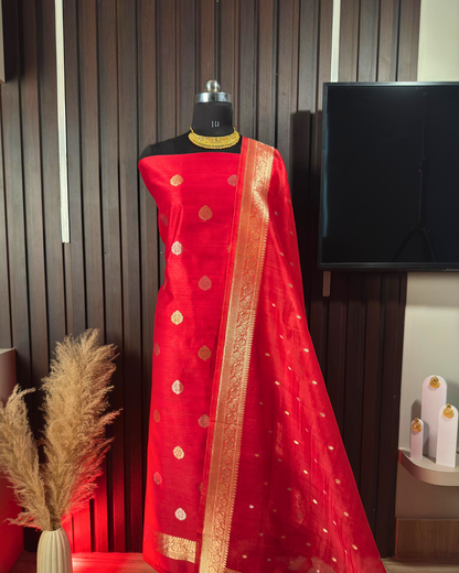 Red Pure Banarasi Mercerised Kora Handloom Kadwa Suit Set with Dupatta