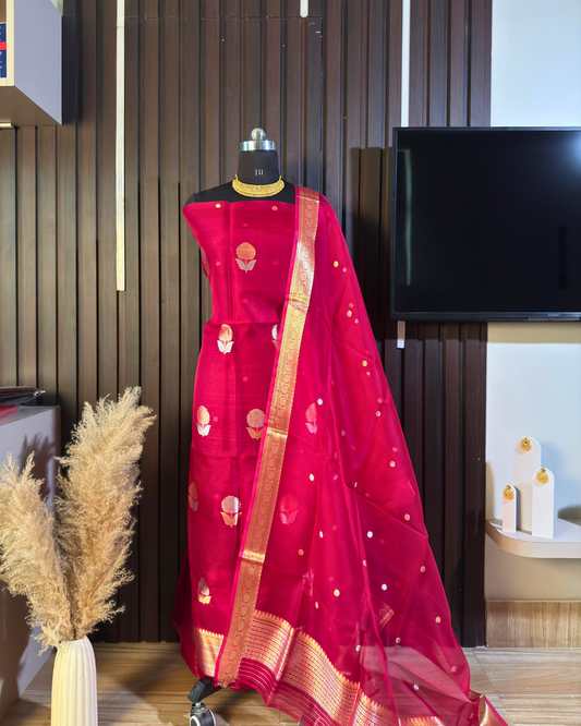 Deep Pink Pure Banarasi Kora Silk Suit Set with Dupatta