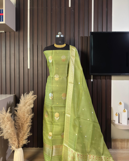 Dusty Green Pure Banarasi Kora Silk Suit Set with Dupatta
