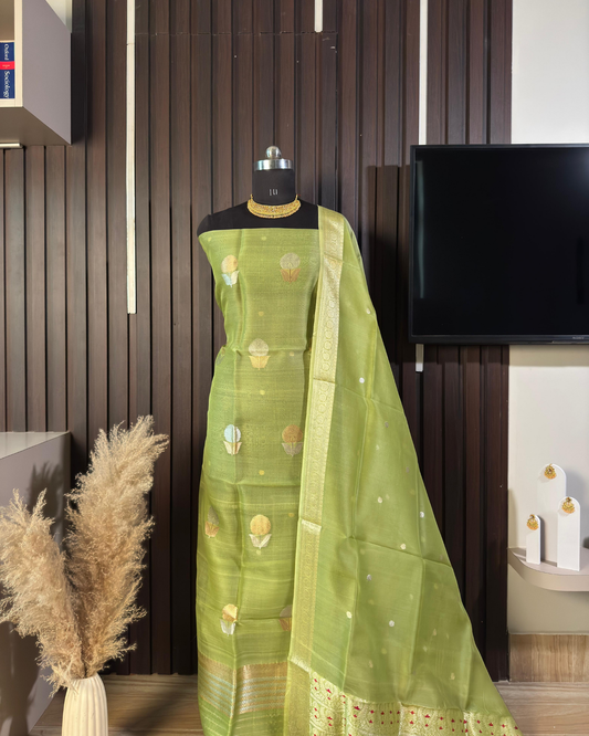 Dusty Green Pure Banarasi Kora Silk Suit Set with Dupatta