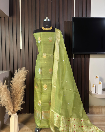 Dusty Green Pure Banarasi Kora Silk Suit Set with Dupatta