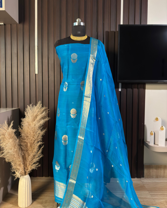 Blue Pure Banarasi Kora Silk Suit Set with Dupatta