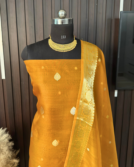 Mustard Pure Banarasi Kora Silk Suit Set with Dupatta