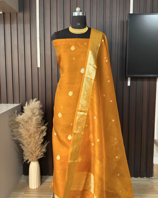 Mustard Pure Banarasi Kora Silk Suit Set with Dupatta