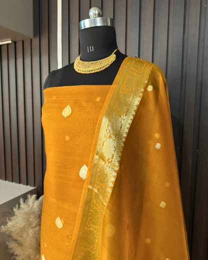 Mustard Pure Banarasi Kora Silk Suit Set with Dupatta