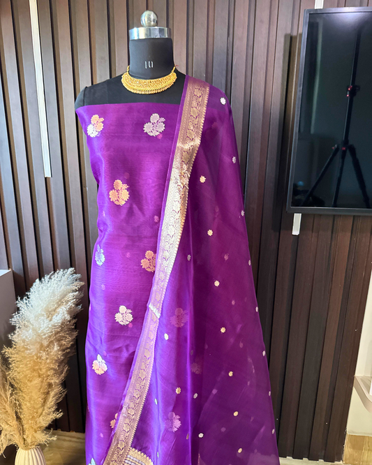Purple Pure Banarasi Kora Silk Suit Set with Dupatta