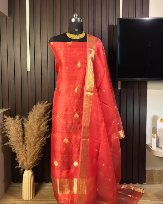 Dusty Peach Pure Banarasi Kora Silk Suit Set with Dupatta