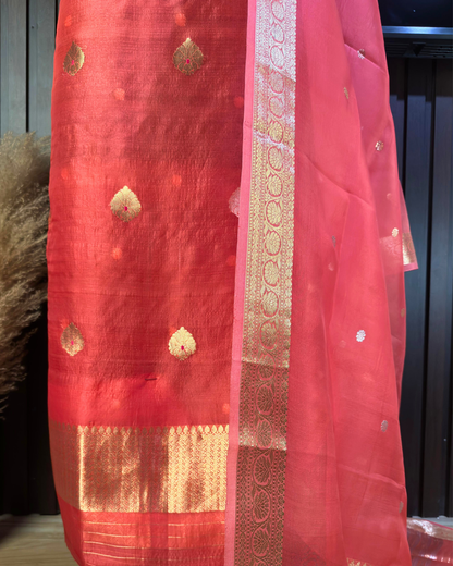 Dusty Peach Pure Banarasi Kora Silk Suit Set with Dupatta