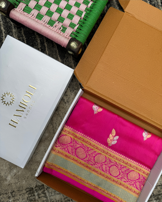 Pink Banarasi Handloom Double Kora Katan Handloom Saree