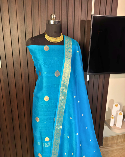 Dusty Blue Pure Banarasi Kora Silk Suit Set with Dupatta