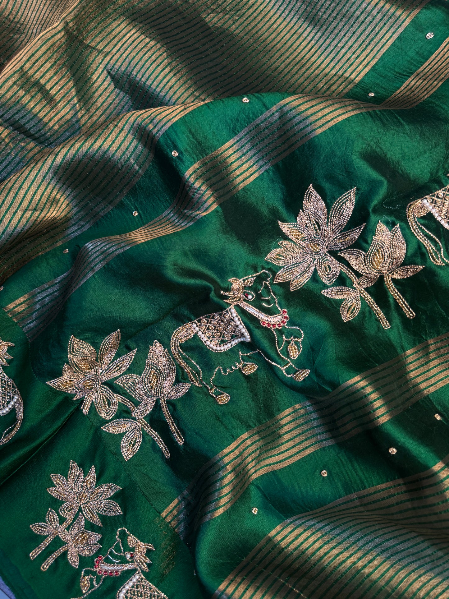 Emerald Gauri – Pure Silk Handcrafted Zardozi Saree