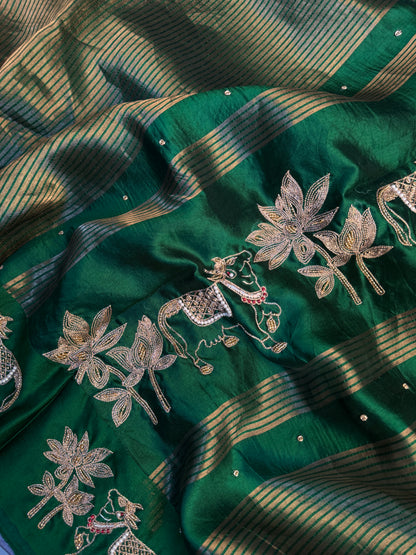 Emerald Gauri – Pure Silk Handcrafted Zardozi Saree