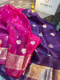 Rich floral zari border detail on pure Banarasi Kora silk contrast dupatta