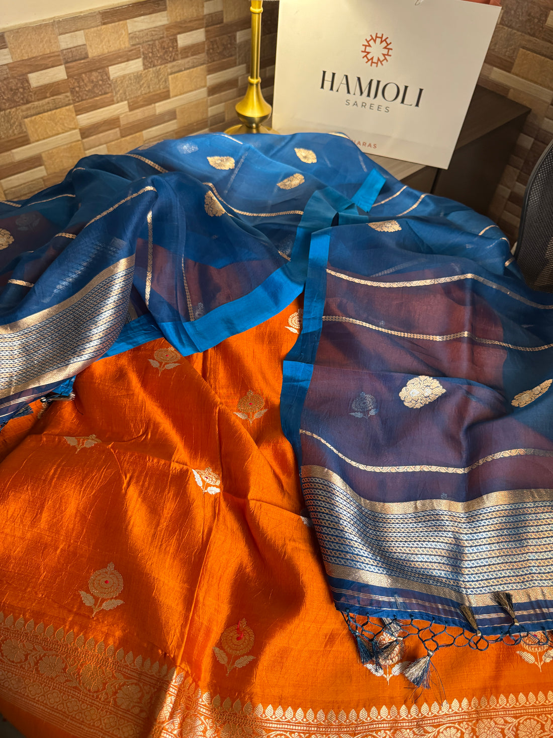 The Kesariya Neel pure Banarasi Katan silk kurta with peacock blue Kora silk dupatta
