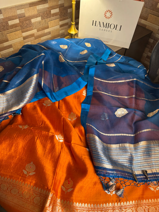 The Kesariya Neel pure Banarasi Katan silk kurta with peacock blue Kora silk dupatta