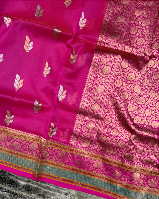 Pink Banarasi Handloom Double Kora Katan Handloom Saree