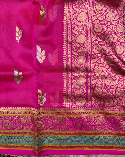 Pink Banarasi Handloom Double Kora Katan Handloom Saree