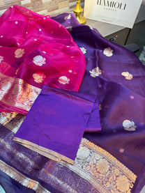 Close-up of handwoven Kadwa sona rupa zari buttas on Jamuni purple Kora silk kurta