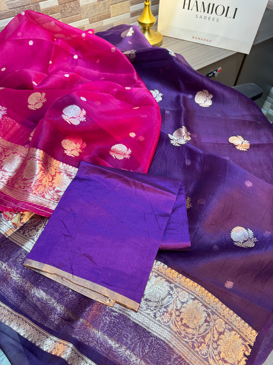 Close-up of handwoven Kadwa sona rupa zari buttas on Jamuni purple Kora silk kurta