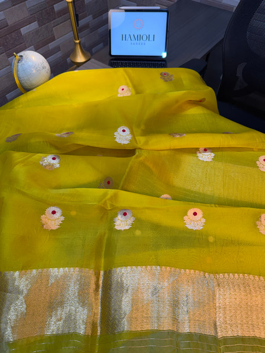 Bright Yellow & Rani Pink Kora Silk Suit Set with Pure Chinya Silk Bottom