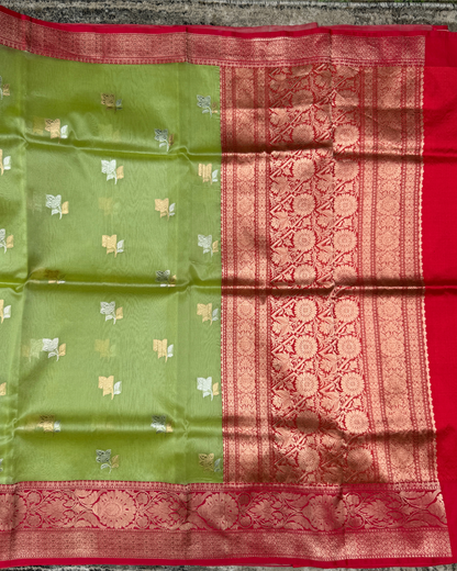 Green Banarasi Handloom Double Kora Katan Handloom Saree
