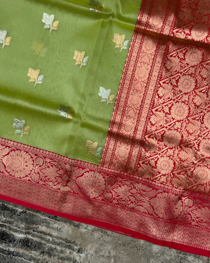 Green Banarasi Handloom Double Kora Katan Handloom Saree