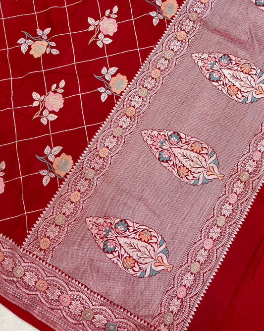 Tissue Tusser Red Georgette Banarasi Saree