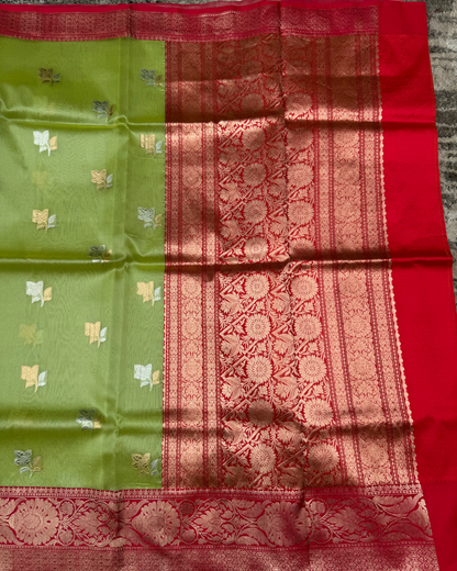 Green Banarasi Handloom Double Kora Katan Handloom Saree