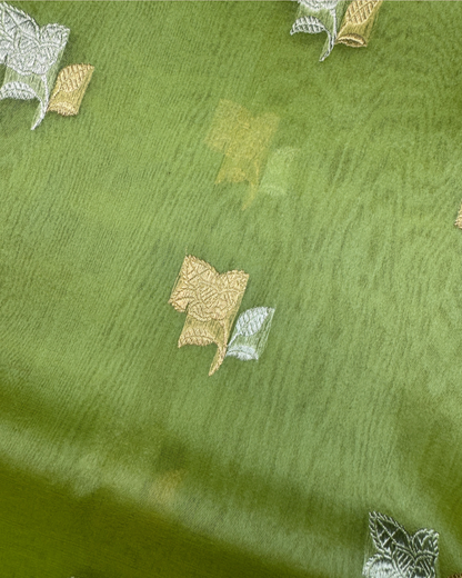 Green Banarasi Handloom Double Kora Katan Handloom Saree