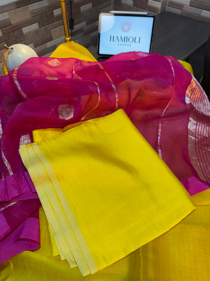 Bright Yellow & Rani Pink Kora Silk Suit Set with Pure Chinya Silk Bottom