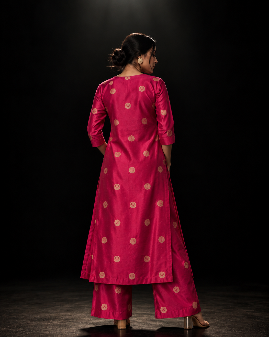 Chandra-inspired woven motifs on rani pink pure Banarasi silk fabric detail