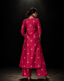 Chandra-inspired woven motifs on rani pink pure Banarasi silk fabric detail