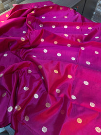 Contemporary silhouette of rani pink handloom Banarasi silk co-ord set