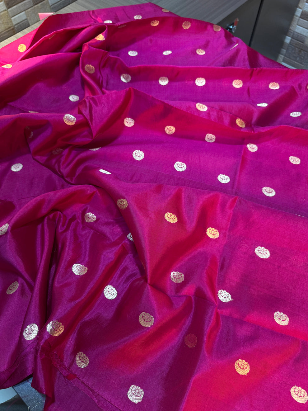 Contemporary silhouette of rani pink handloom Banarasi silk co-ord set
