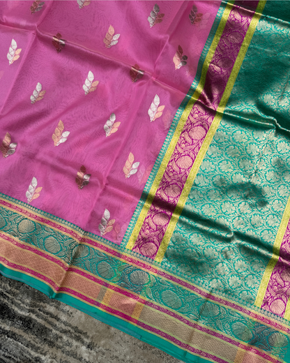Pink Banarasi Handloom Double Kora Katan Handloom Saree