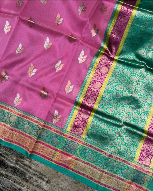 Pink Banarasi Handloom Double Kora Katan Handloom Saree