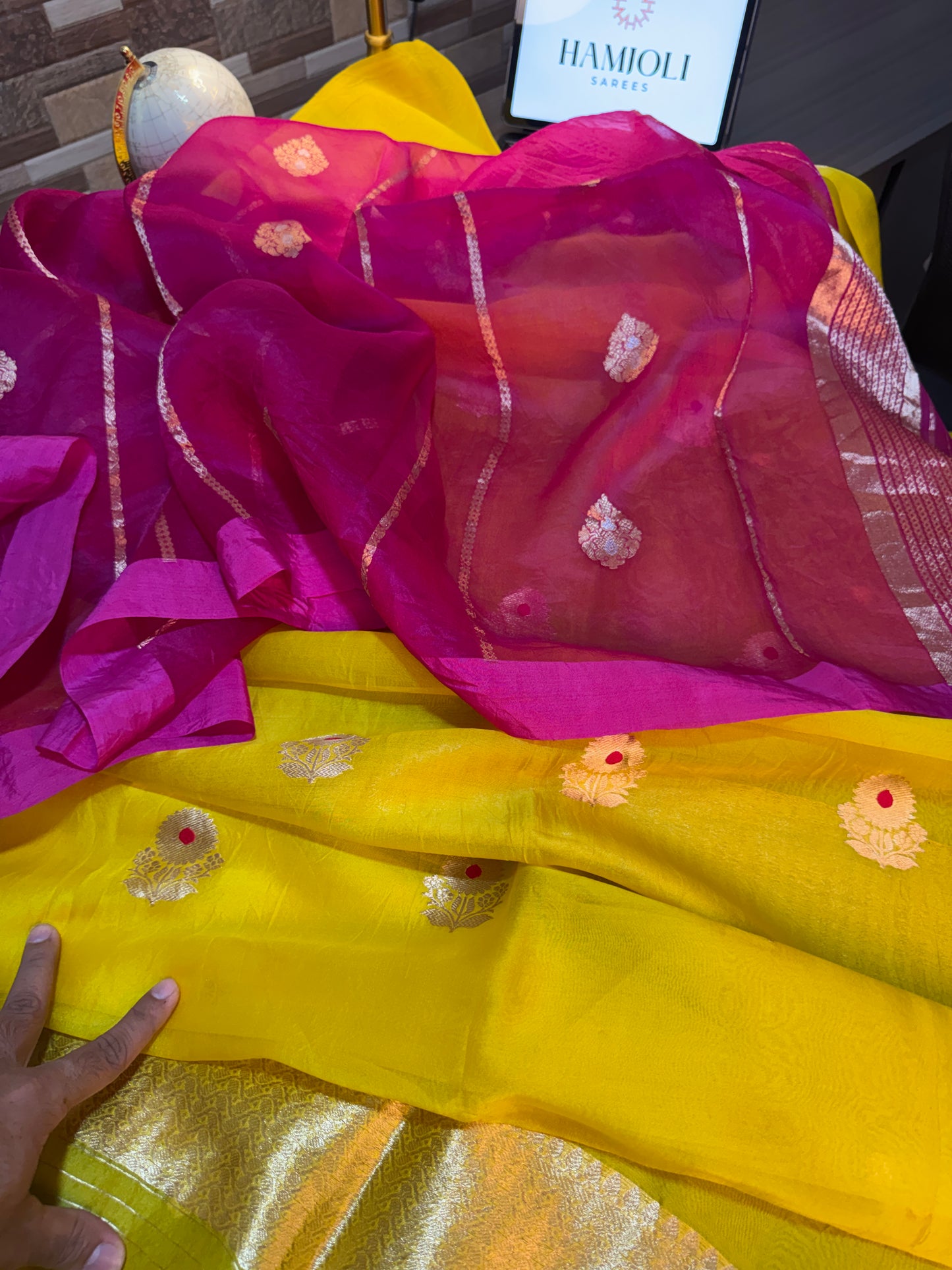 Bright Yellow & Rani Pink Kora Silk Suit Set with Pure Chinya Silk Bottom