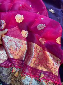 Full festive ensemble display of Jamuni purple kurta and Rani pink dupatta