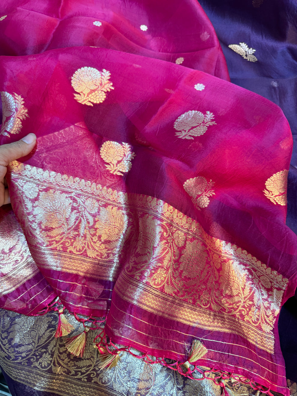 Full festive ensemble display of Jamuni purple kurta and Rani pink dupatta